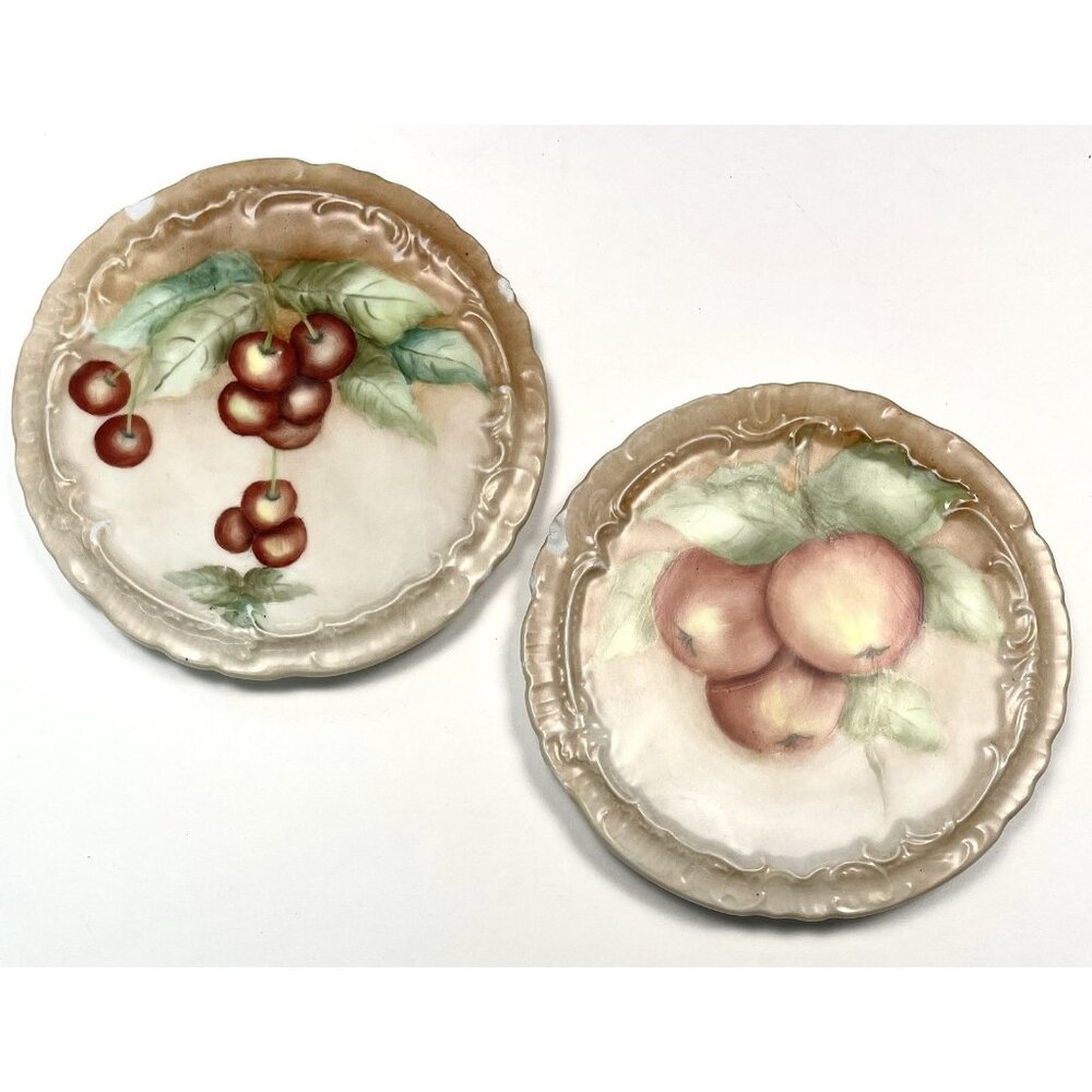VTG Set 2 Handpainted Porcelain TRIVETS 6.25" Apples Cherries Cottage *Chipped*